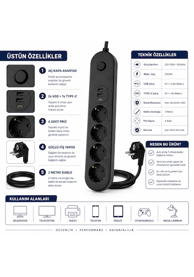 Sh-4625 4 Lü Topraklı Akım Korumalı Çoklu Priz 2 Usb 1 Type-c Çıkışlı 2 Metre Kablolu Anahtarlı Grup Priz Uzatma Kablosu 2 M