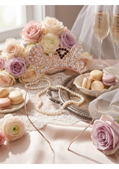 Bride Metal Taşlı Lüks El Yazılı Rosegold Taç Bekarlığa Veda Parti Aksesuarı Diğer