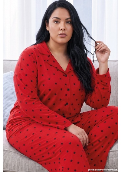 Siyah İnci Kırmızı Yıldız Desenli Termal Kumaşlı Ultra Soft Yumuşak Büyük Beden Battal Boy Düğmeli Örme Pijama Takımı