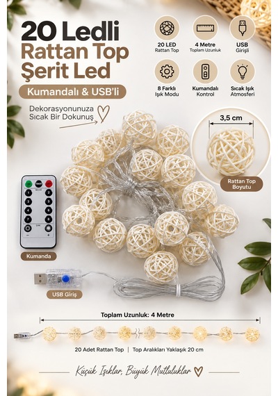 Deconitte 20 Rattan Top Şerit Led 4metre Usb Kumandalı Yılbaşı Parti Organizasyon Ev Dekorasyon Işığı Aydınlatma