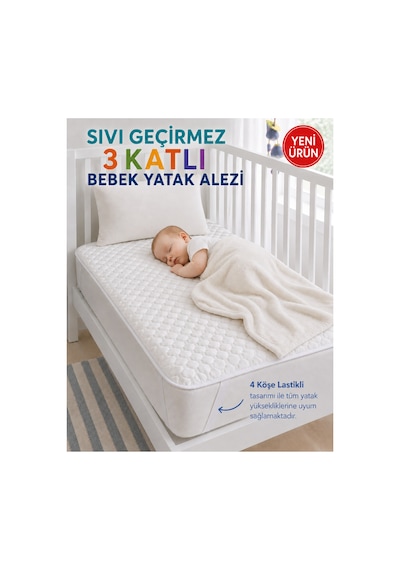 Desert Touch %100 Pamuk Sıvı Geçirmez Kapitoneli 3 Katlı Bebek Çocuk Yatak Koruyucu Alez Beşik Anaokulu Kreş Alezi Beyaz