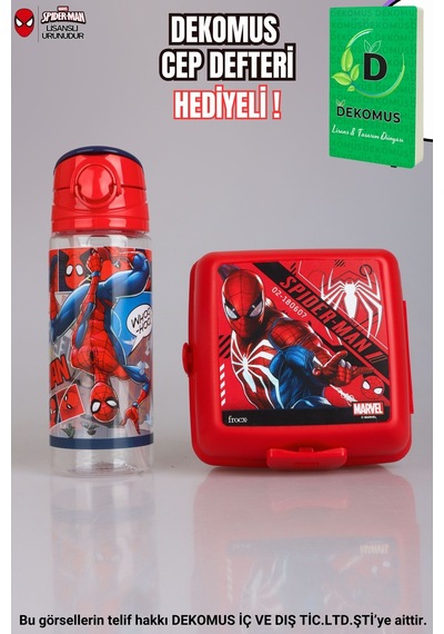"dekomus Cep Defteri Hediyeli" Lisanslı Spıderman 500 Ml Trıtan Matara Ve 2 Katlı Beslenme Kutusu / Lunch Box Seti Altın