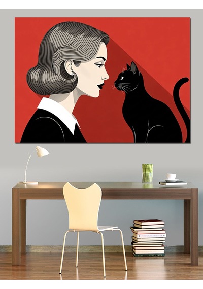 Ahşap Tablo Kara Kedi Ve Kadın Profili