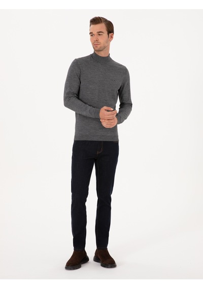 Cacharel Füme Slim Fit Yün Karışımlı Yarım Balıkçı Basic Triko Kazak Gri