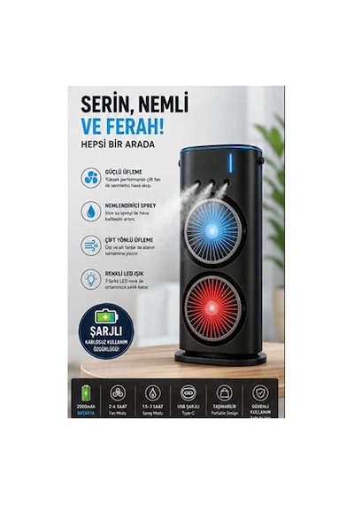 Çift Başlıklı Sprey Fan Nemlendirici Ve Renkli Led Işıklı Siyah Evimdeyokyok