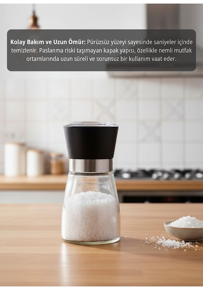 Pratik 13 Cm Cam Tuz Ve Karabiber Değirmeni Dayanıklı Polimer Kapaklı Modern Öğütücü Siyah