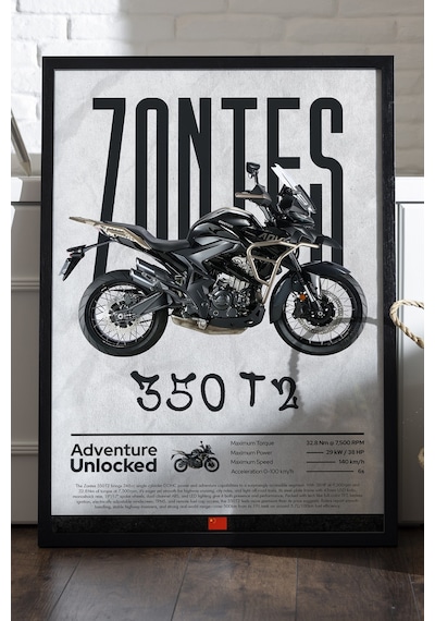 Zontes 350 T2 Siyah Ahşap Çerçeveli Poster, Dekoratif Motosiklet Duvar Tablosu