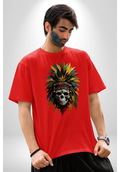 Kurukafa İskelet Kızılderili Tüy Kartal Şefi Pamuklu Bisiklet Yaka Unisex Oversize Boyfriend Dijital Baskılı Kırmızı T-shirt Kırmızı