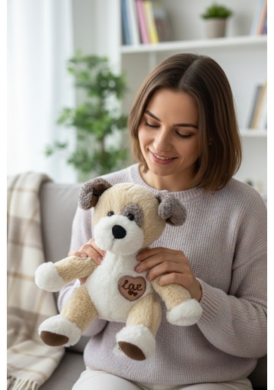 Sevimli Köpek Peluş Oyuncak Love Kalpli Köpekçik Uyku Arkadaşı Hediyelik 25 Cm Bej