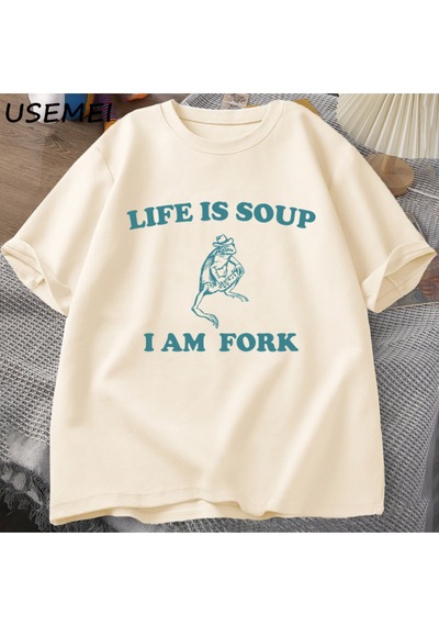 Flood Of Style Hayat Çorba Ben Çatal Kurbağa Grafik T Shirt Pamuk Unisex Komik Retro Tişört Yaz Hayvan Baskı Haki