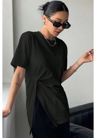 Cool Tarz Kadın Asimetrik Tişört Yırtmaçlı Basic Oversize Kısa Kollu Modern Şık T-shirt Siyah Siyah Cool Tarz Kadın Asimetrik Tişört Yırtmaçlı Basic Oversize Kısa Kollu Modern Şık T-shirt Siyah Siyah