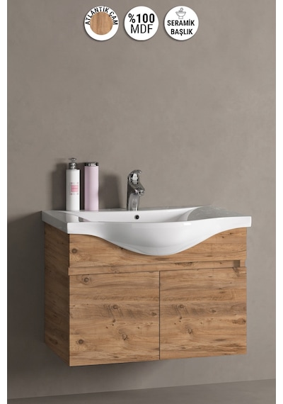 Yıldız 80 Cm Atlantik Çam Mdf Seramik Lavabolu Asma Banyo Alt Dolabı