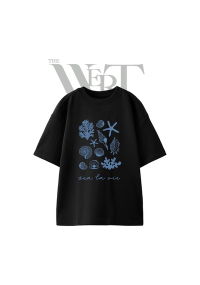 Thewert Deniz Kabuklari Mercan Tasarım Baskılı Ünisex Siyah Oversize T-shirt
