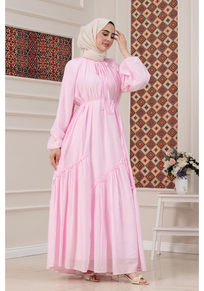 Sevitli Eteği Büzgü Detaylı Mira Tesettür Elbise-pembe-5736