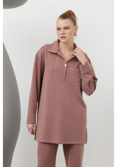 Loreen 20605 Kadın Yakası Çıtçıtlı Cep Detaylı Pantolonlu Takım Rose
