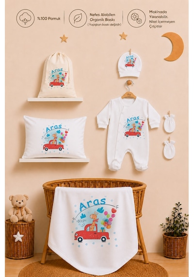 Pia Baby Erkek Bebek İsimli Hastane Çıkışı 6 Parça Tulum Şapka Eldiven %100 Pamuk Hediye Seti 2008tybk0x Krem