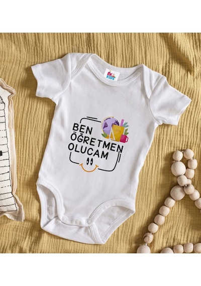 Bk Gift Bk Kids Öğretmen Olucam Tasarımlı Beyaz Bebek Body Zıbın-1 Çok Renkli