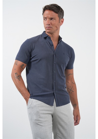 İmza Lacivert İtalyan Yaka Kısa Kol Cepsiz Slim Fit Esnek Gömlek 1004260159
