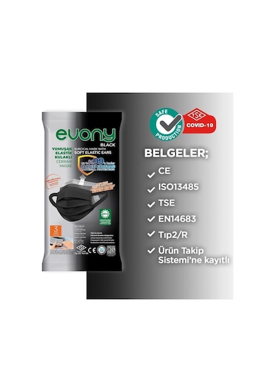Evony Siyah Yumuşak Elastik Kulaklı Cerrahi Maske 10'Lu