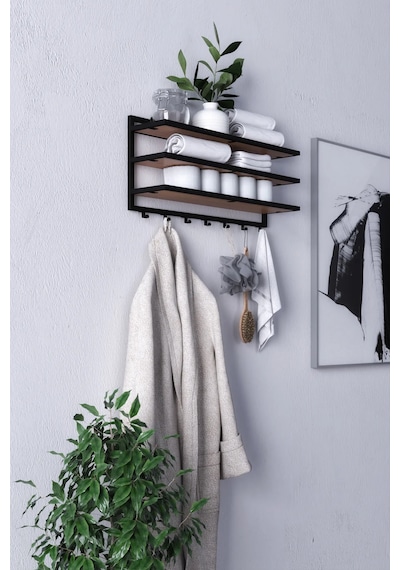 Sofya 2 Katlı Ceviz Raflı Askılık, Portmanto 53 Cm - 5 Askı Siyah