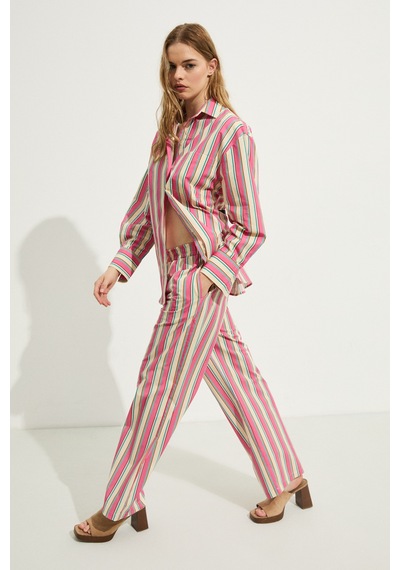 Grımelange Grımelange Mırel Kadın Oversize Fit %100 Organik Pamuklu Pembe Çizgili Gömlek