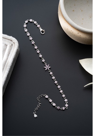 Çekirdekjewelry 925 Ayar Gümüş Pembe Taşlı Lotus Bileklik Gri