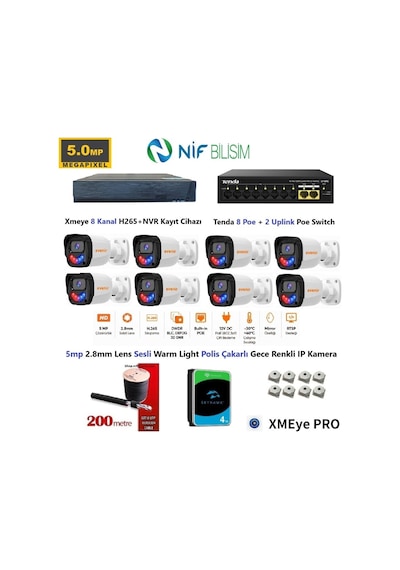 Xmeye 5mp 2.8mm Sabit Lens Polis Çakarlı Sesli Ve Gece Renkli 8 Kameralı Ip Kamera Seti 4tb Disk
