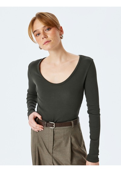 Koton Pamuklu Uzun Kollu U Yaka Slim Fit Fitilli Tişört Antrasit 5sak50232ek Antrasit