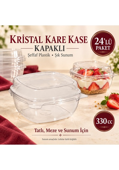 Kristal Kare Kase 330 Cc 24 Lü Kapaklı Şeffaf Plastik Tatlı, Magnolya, Puding Ve Meze Sunum Kabı