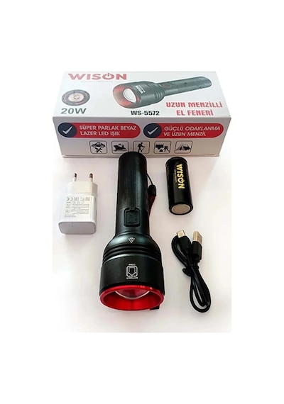 Wıson Ws-5572 20w Uzun Menzilli Şarjlı Metal El Feneri 5332 Çok Renkli