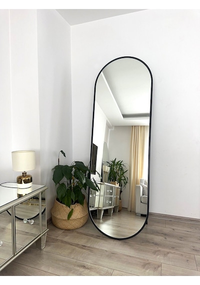 Effe Siyah Metal Çerçeveli 180x60 Cm Elips Model Ayaklı Boy Aynası