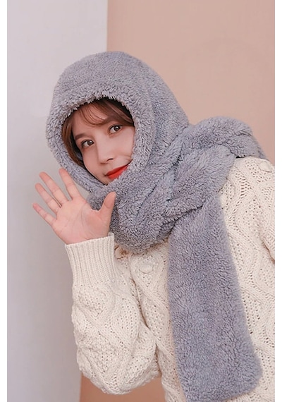 Bundera Scarf Kapşonlu Kadın Peluş Bere Atkı Kadın Welsoft Polar