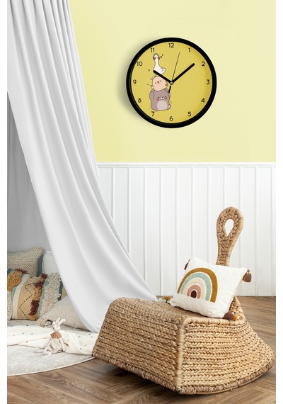 Sevimli Hayvanlar Modern Tasarım Çocuk Odası Duvar Saati - 25cm - Önü Camlı Siyah Kasa-jh1086 Siyah