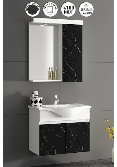 Yıldız Asma 55 Cm Beyaz-royal Mermer Mdf Asma Banyo Dolabı Takımı Beyaz