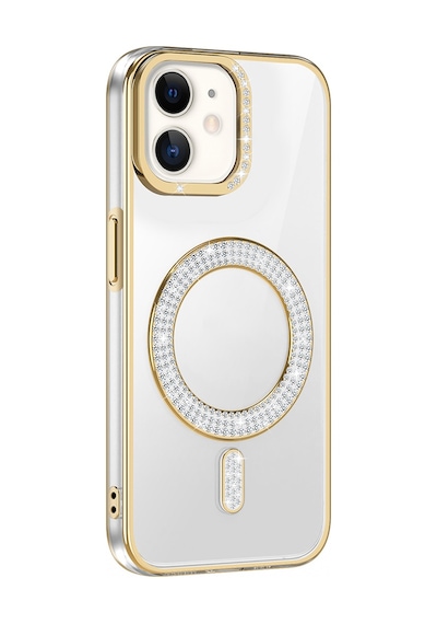 Apple Uyumlu iPhone 12 Kılıf Pırlanta Taş Tasarımlı M-safe Şarj Özellikli Zore Karetta Silikon Kapak Rose Gold