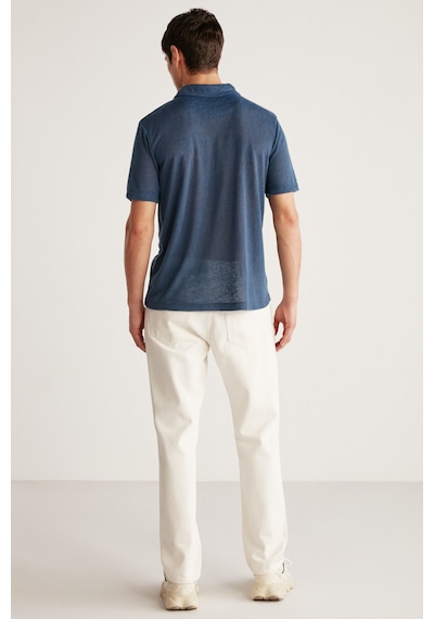 Grımelange Toby Erkek Polo Keten Görünümlü Tiril Tiril Kumaşlı Lacivert Polo Yaka T-shirt