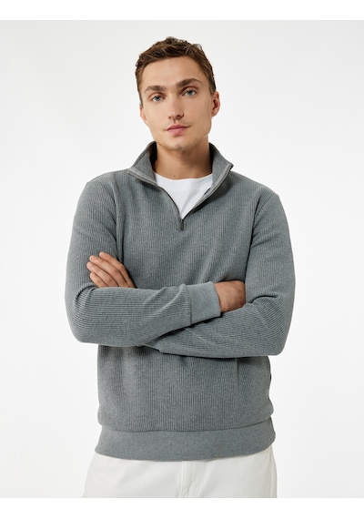 Koton Dokulu Uzun Kollu Yarım Fermuarlı Sweatshirt Antrasit 6wam70022mk Antrasit