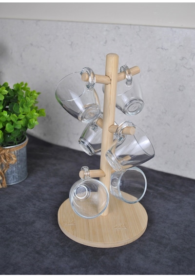 6 Kişilik Ahşap Standlı Mini Kahve Bardağı Seti 75 Ml Paşabahçe Espresso Bardak Şeffaf