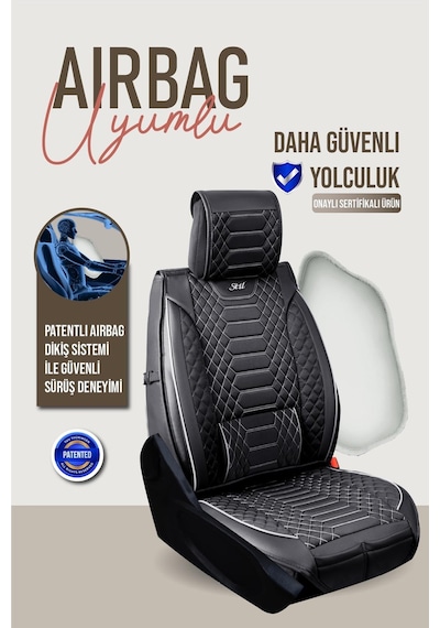 Toyota Corolla E210 2019-2024 Uyumlu Lüx Deri Oto Koltuk Kılıfı Ön Arka Takım Crystal Siyah Beyaz