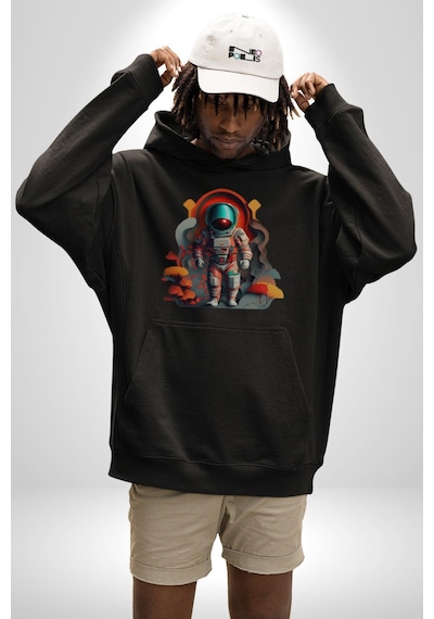Astronot Yapay Zeka Yürüyüş Kadın Erkek Siyah Kapüşonlu Sweatshirt Hoodie Siyah
