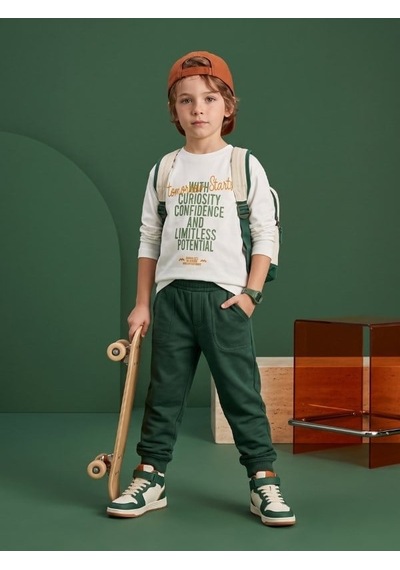 Zekids Erkek Çocuk Yazı Baskılı Uzun Kollu T-shirt-17451 Ekru