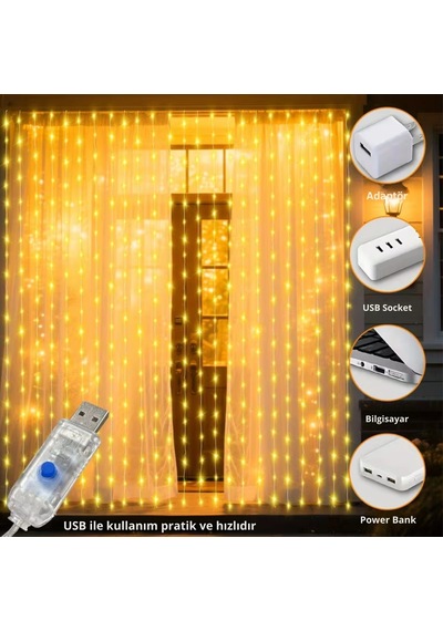 Shopytech 300 Led Usb Perde Işık 8 Modlu Uzaktan Kumandalı Gün Işığı Dekoratif Led Peri Işığı Çok Renkli
