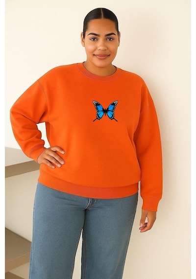 Benroma 3 İplik Penye Kelebek Baskılı Büyük Beden Unisex Sweatshırt Turuncu