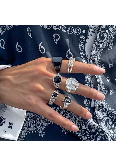 Girift Vintage Yuna 6 Adet Erkek Gothic Punk Gümüş Yüzük Seti Gri