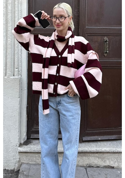 Madmext Bordo Çizigli Atkılı Kadın Triko Hırka Mg2588 Bordo