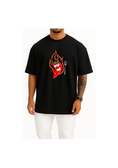 Bahriyeli Collection Oversize Kırmızı Acı Biber Logosu Göğüs Tasarımlı Unisex T-shirt Siyah