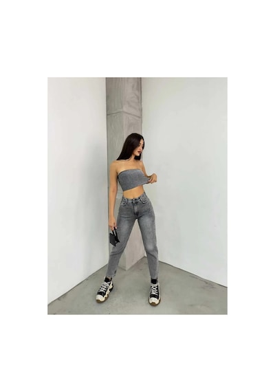 Kene Jeans Gri Kar Kemer Apolet Detaylı Mom Jeans Gri Kar