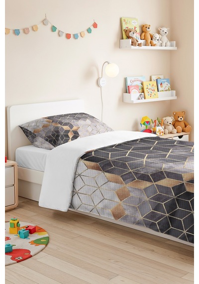 Gri Geometrik Modern Tek Kişilik Pike Takımı - Altın Çizgili Antrasit Beyaz 160x220 Cm Yatak Örtüsü Kırçıllı Yamaç Tonu