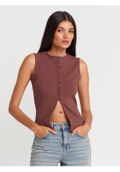Dilvin 31701 Düğme Detaylı Kolsuz Top-kahve Kahve
