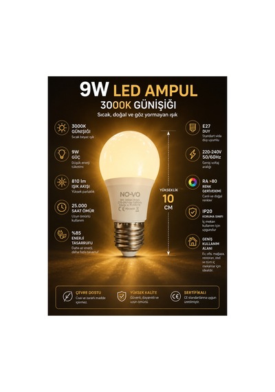 10 Adet 9w Led Ampul E27 Duy 3000k Günışığı Sarı Işık 810 Lümen Enerji Tasarruflu Uzun Ömürlü Led Lamba Seti
